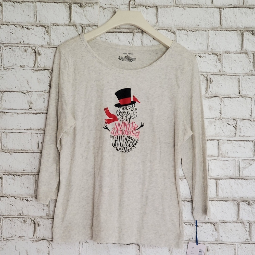Sleep Sense Oatmeal  Holiday Snowman Tee Shirt Lounge Sleepwear Top Small 4-6